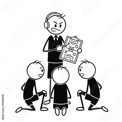 A soccer coach explains the game strategy to the team, using a tactical board to illustrate the play during a training session.