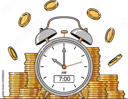 Alarm clock and coins represent time and money concept.