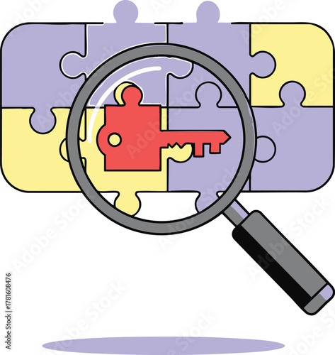 Magnifying glass focuses on a key within a puzzle.