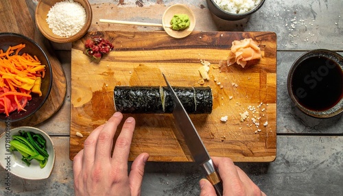 Top down view of hands slicing a fresh maki sushi roll on a wooden board.