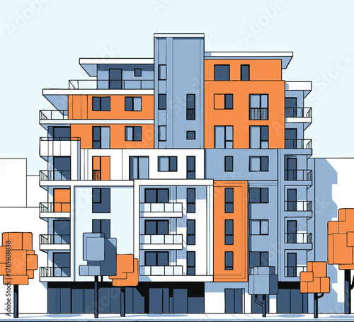 Modern architectural building with multiple stories and balconies featuring a contemporary design.