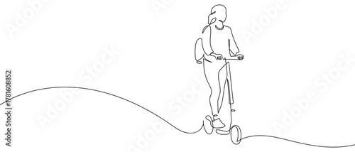 A woman is riding a scooter on the road, one line in a row. One line drawing background. Vector illustration. Editable stroke.