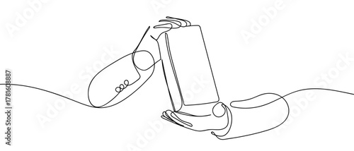 Hand holding a gold bar, one continuous line. One line drawing background. Vector illustration. Editable stroke.