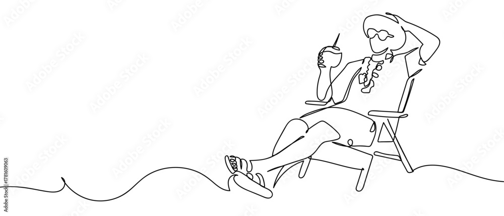 Fototapeta premium A man sits on a beach chair, one continuous line. One line drawing background. Vector illustration. Editable stroke.