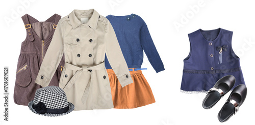 Photos girls' autumn fashion set: beige trench coat, knit top, skirts, dress, vest, formal shoes, and patterned hat, isolated