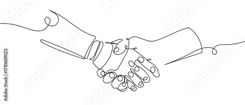 Robot hands and human hands holding hands, one continuous line. One line drawing background. Vector illustration. Editable stroke.