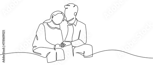 Couple sitting together, one continuous line One line drawing background. Vector illustration. Editable stroke.