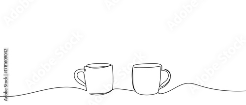 Two cups of coffee, one continuous line One line drawing background. Vector illustration. Editable stroke.