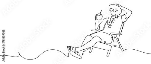 A man sits on a beach chair, one continuous line. One line drawing background. Vector illustration. Editable stroke.