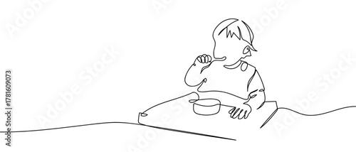 A young child is eating by himself, one line continuously. One line drawing background. Vector illustration. Editable stroke.