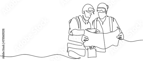 The engineer is looking at the construction plan, one continuous line. One line drawing background. Vector illustration. Editable stroke.