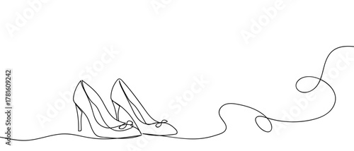 High heels placed together, one continuous line One line drawing background. Vector illustration. Editable stroke.