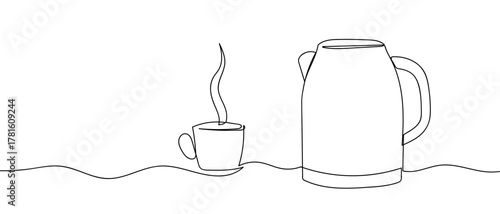 Kettle and coffee cup, one continuous line One line drawing background. Vector illustration. Editable stroke.