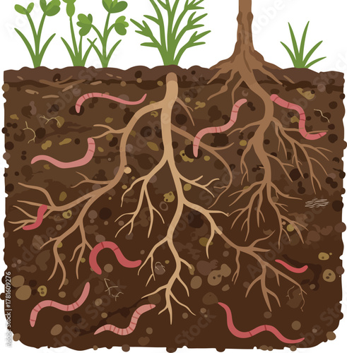 An illustration of soil with roots, worms, and plants growing on World Soil Day.