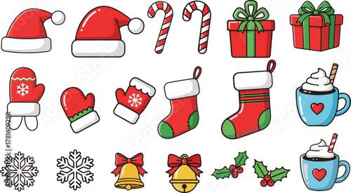Christmas clipart set with Santa hat, gift, candy cane, and more. Doodle elements for decoration and sticker design.