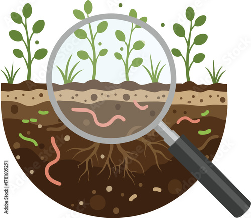 An illustration of a magnified soil cross-section with plants and worms on World Soil Day.