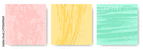 To do list, notes, shopping list templates for task and time management, education and home. Layout with copy space. Abstract pastel contemporary backgrounds.