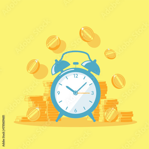 Alarm clock and coins represent time and money management concept.