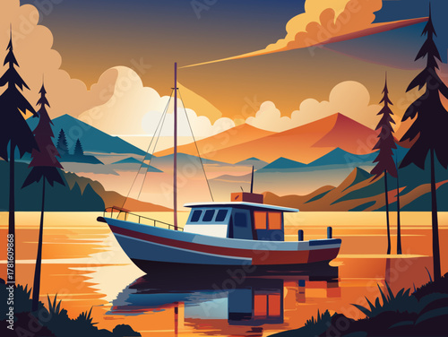 boat on the lake at sunset