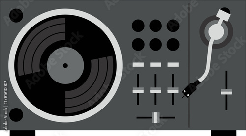 Top down view of a professional DJ turntable and audio mixer deck.