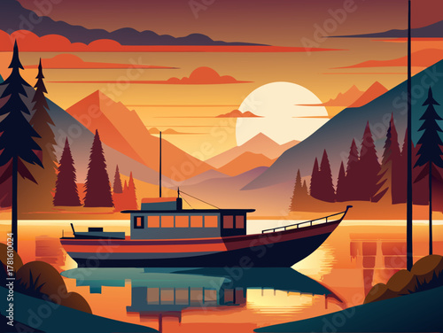boat on the lake at sunset