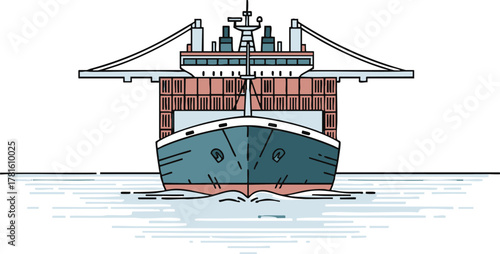 Front view of a large cargo ship loaded with shipping containers on the water.