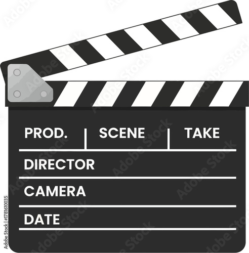 Classic black and white movie clapperboard for film production.