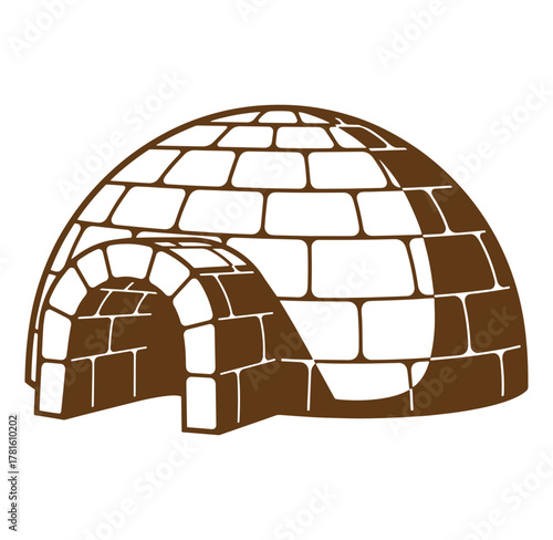 Brown illustration of an igloo architecture with entrance and rectangular brick construction