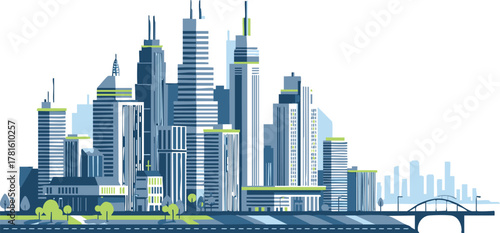 Cityscape illustration featuring modern skyscrapers and a bridge over water with a blue hue.
