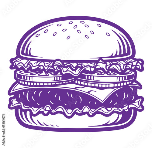 Delicious purple illustrated burger featuring fresh lettuce tomato cheese and sesame seed bun