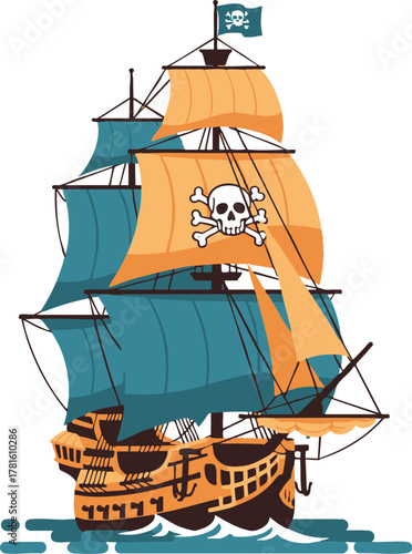 A detailed illustration of a pirate ship sailing on the ocean with sails billowing in the wind.