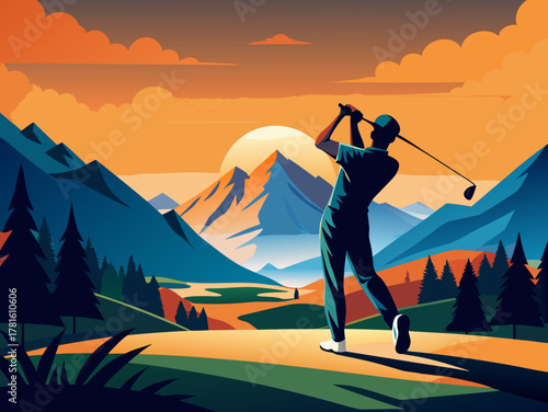 Golfer at Sunset in Mountain Landscape