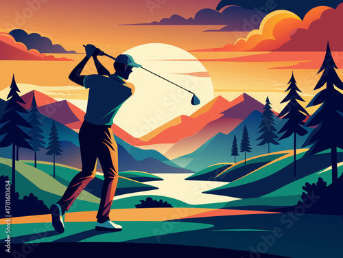 Golfer at Sunset in Mountain Landscape