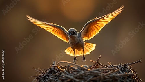 phonology. A young bird's first flight from the nest during the golden morning light. wildlife magazines, conservation campaigns, designed for nature documentaries and education.