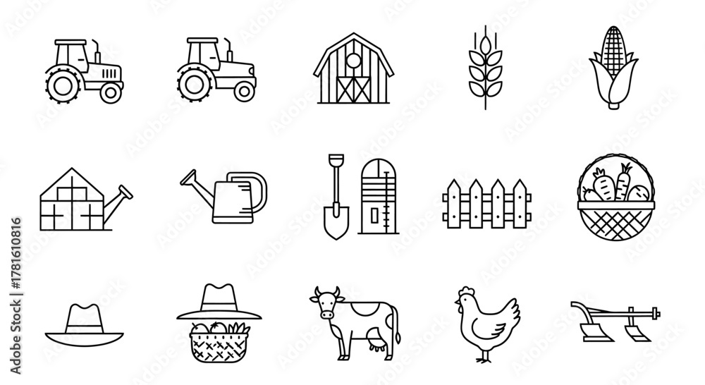 Naklejka premium Set of agriculture icons isolated on white background farming, harvest, and livestock concept