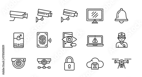 Security system icons isolated on white background surveillance camera, alarm, and access control