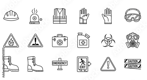 Collection of safety equipment and warning signs isolated on white background