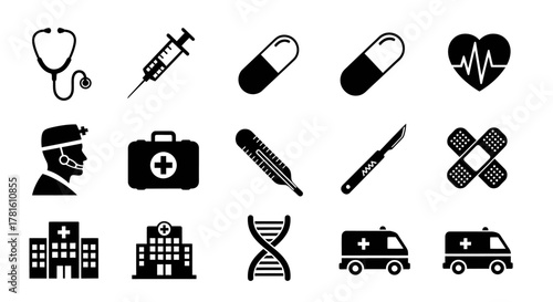 Medical icon set isolated on white background featuring healthcare and medicine symbols