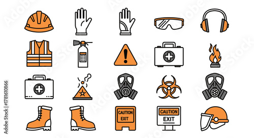 Collection of safety equipment icons isolated on white background, including helmet and first aid kit