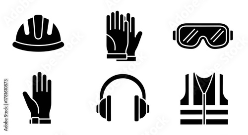 Collection of safety equipment icons, including helmet, gloves, glasses isolated on white background