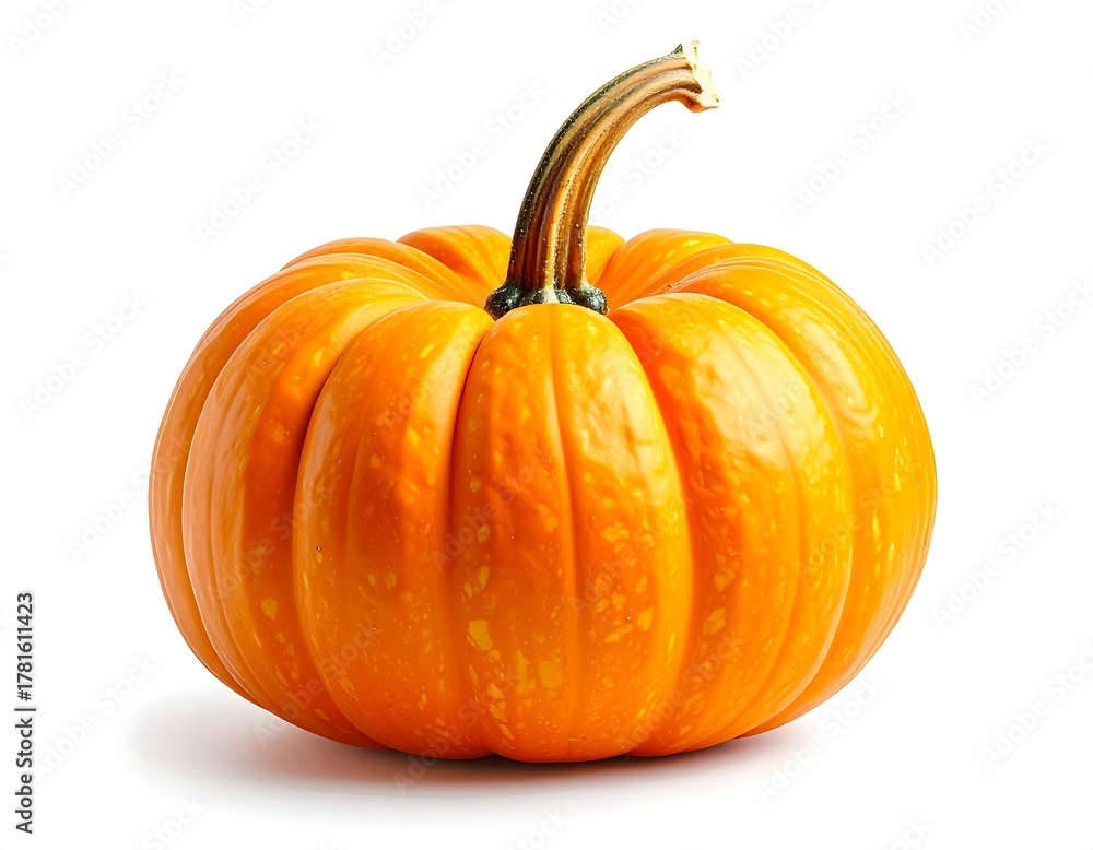 Obraz premium Bright orange pumpkin with textured skin and curved stem isolated on a white background