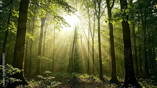 Pristine forest canopy light rays pierce through morning mist in a serene sunbeam timelapse jungle, magic, foliage