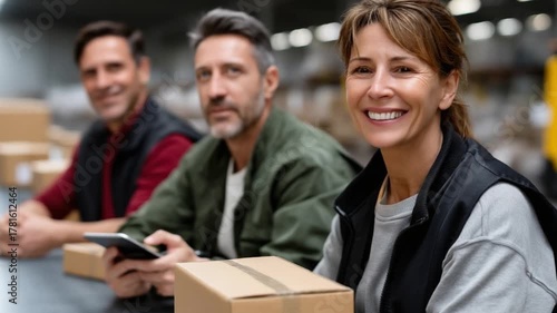 Team collaboration at a warehouse group of colleagues in an industrial space smiling faces engaging environment