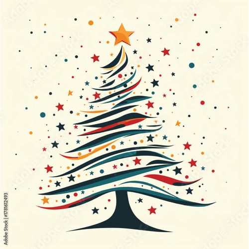 abstract christmas tree and stars   , vector style simple color