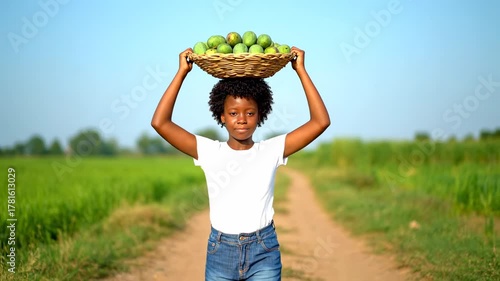 Young African girl carries basket of fruit on her head through a field.