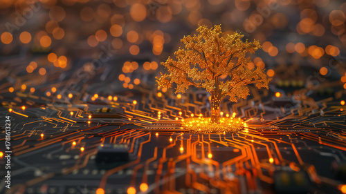 3d render of a golden tree growing on microchips, the background