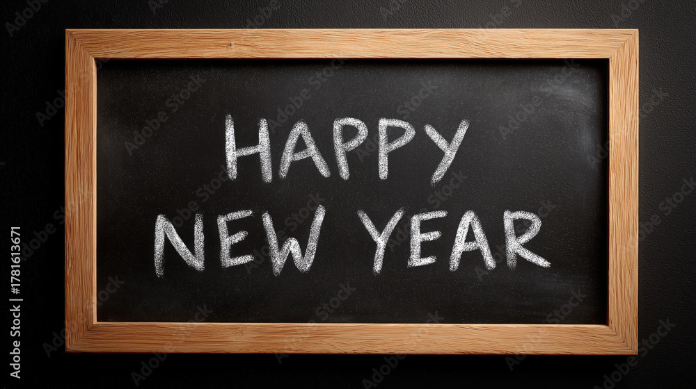 Obraz premium chalkboard with message Happy New Year written in white chalk, framed by wooden border, conveys festive and celebratory mood