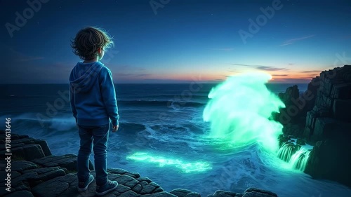 Young boy stands on cliff watching bioluminescent ocean waves at twilight.