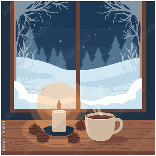 Peaceful Winter Still Life

Flat vector art of a candle, pinecones, and mug on a table by a frosted window