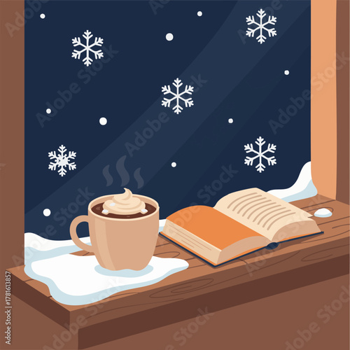 Warm Drinks by the Window

Flat vector of a cup of cocoa and a book on a snowy windowsill, snowflakes falling outside,